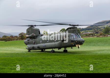 Un elicottero Chinook Royal Air Force CH-47-HC.6A si solleva in aria. Foto Stock