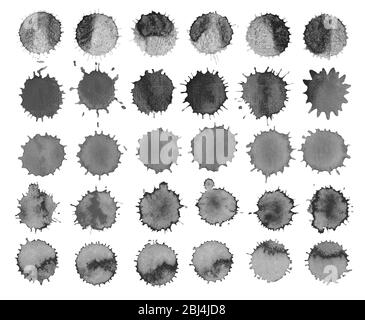 Design a spruzzo con grunge. Schizzi neri isolati su sfondo bianco Foto Stock