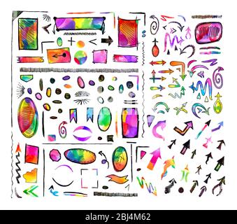 Segni grafici frecce colorate acquerello. Frecce disegnate a mano cerchia le linee di bolle vocali. Foto Stock