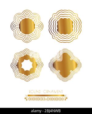 Set di cornici rotonde dorate. Cornici ornamentali in oro. Telaio filigrana. Etichetta ornata per il design Foto Stock