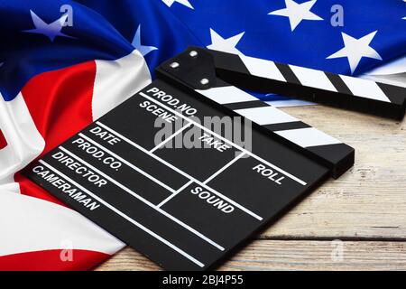 Tabellone del clapper del film con bandiera degli Stati Uniti. Primo piano. Foto Stock
