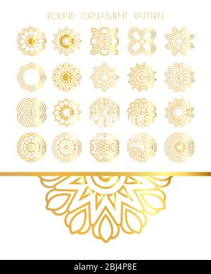 Set di cornici rotonde dorate. Cornici ornamentali in oro. Telaio filigrana. Etichetta ornata per il design Foto Stock