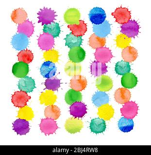 Sfondo astratto di blot acquerello. Pennellate i tratti in verde, giallo, viola, arancione, blu rosa rosso Foto Stock