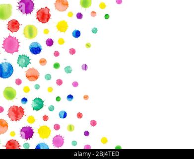 Disegno colorato di acquerello di vernice. Acquerello semplice polka sfondo a punti. Coriandoli iridori bordo con spazio per il testo. Foto Stock