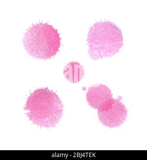 Set di schizzi acquerelli rosa tenue. Acquerello mano vernice rosa arte isolato su sfondo bianco. Sfondo artistico con spruzzi d'acqua Foto Stock