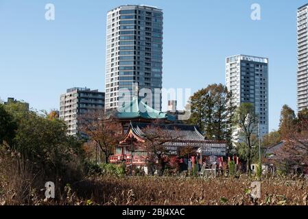 Shinobazu-no-ike Bentendo tempio nel parco ueno a tokyo. Grattacieli moderni sullo sfondo in contrasto con il vecchio tempio, Foto Stock