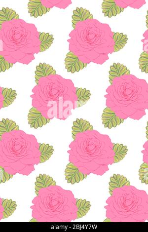 Motivo senza cuciture con rose e foglie rosa Foto Stock