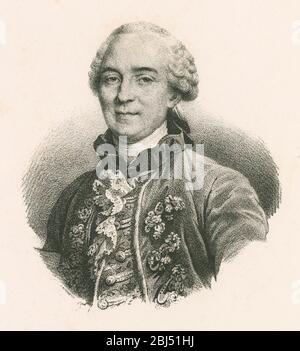 Incisione antica, Georges-Louis Leclerc, Comte de Buffon. Georges-Louis Leclerc, Comte de Buffon (1707-1788), è stato un naturalista, matematico, cosmologo ed enciclopédiste francese. FONTE: INCISIONE ORIGINALE Foto Stock