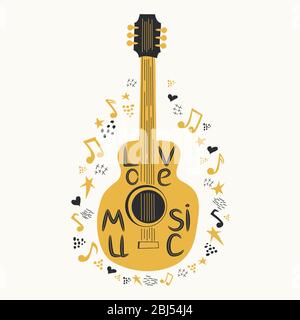 Chitarra acustica circondata da note, l'iscrizione Love Music, Country Music. Country Cowboy Music Festival Creative Event Live Event Poster Concept Illustrazione Vettoriale