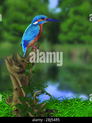 Kingfisher comune (pittura digitale). (Alcedo) conosciuto anche come Eurasian Kingfisher o River Kingfisher, è un piccolo re pescatore.