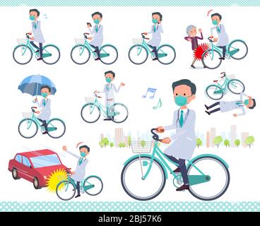 Un set di dottore indossato N95mask in sella a un ciclo cittadino.ci sono azioni su modi e problemi.è arte vettoriale in modo che è facile da modificare. Illustrazione Vettoriale