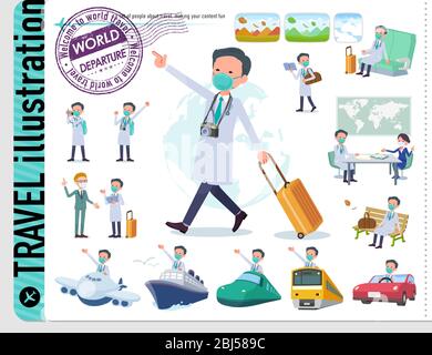 Un set di dottore che indossa la maschera N95mask in viaggio.ci sono anche veicoli come barche e aeroplani.è arte vettoriale così è facile da modificare. Illustrazione Vettoriale