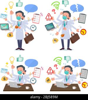 Un set di dottore che indossa la maschera N95mask che eseguono il multitasking in ufficio.ci sono cose da fare senza problemi e un modello che è in un panico.IT's vecto Illustrazione Vettoriale