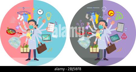 Un set di dottore indossando N95mask che svolgono il multitasking in uffici e private.There sono cose da fare senza problemi e un modello che è in un panic.I. Illustrazione Vettoriale