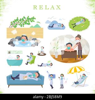 Un set di dottore indossando N95mask su rilassante.ci sono azioni come vacanza e stress sollievo.IT's vettoriale arte in modo che è facile da modificare. Illustrazione Vettoriale