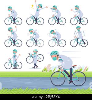 Un set di dottore indossando la maschera N95mask su una bici da strada.c'è un'azione che si sta godendo.è arte vettoriale in modo da è facile da modificare. Illustrazione Vettoriale