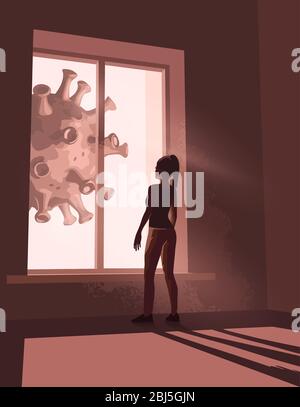 Una donna che guarda fuori dalla sua finestra mentre si guarda in auto-isolamento mentre un virus enorme si muove oltre la sua finestra. Covid-19: Concetto di salute mentale di blocco. VEC Illustrazione Vettoriale