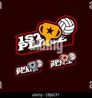 Volleyball Victory set Typography sport pallavolo palla e coppa in stile retrò emblema vettore concetto con oro, argento e bronzo tazza tr Illustrazione Vettoriale