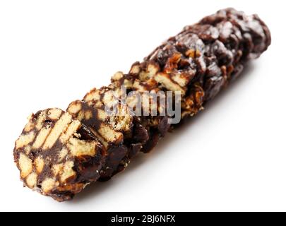 Salame di cioccolato, isolato su bianco Foto Stock