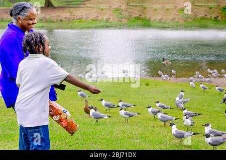 Una nonna e un nipote nutrono i gabbiani al Langan Park, 13 aprile 2019, a Mobile, Alabama. Foto Stock