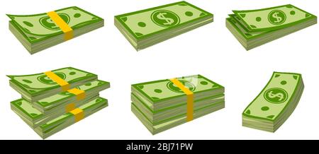 Banconote da cartone animato piatto. Imballaggio in bundle di banconote. Dollaro verde in vari pacchetti, pacchetto di segno di valuta. Centinaia di dollari di contanti, fatture di carta verde. Illustrazione del vettore isolato Illustrazione Vettoriale