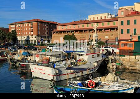 Barche da pesca in Darsena Vecchia, Livorno, Toscana, Italia, Europa Foto Stock