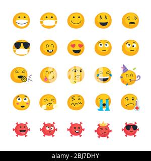 Incoronavirus ed emojis disegno di insieme di icone di stile piatto, emoticon e tema di social media illustrazione vettoriale Illustrazione Vettoriale