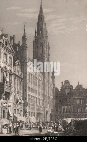 Bruxelles - Stampa mostra una strada con pedoni lungo la parte anteriore del municipio di Bruxelles (Hotel de Ville), circa 1831 Foto Stock