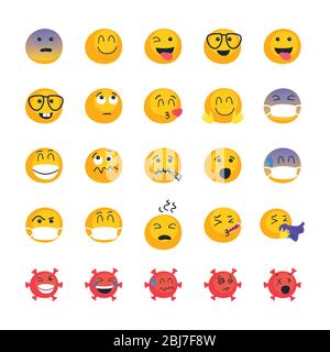 Incoronavirus ed emojis disegno di insieme di icone di stile piatto, emoticon e tema di social media illustrazione vettoriale Illustrazione Vettoriale