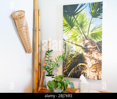 Arredamento di casa di camera d'angolo interno con scaffalatura con ornamenti, piante in vaso e un quadro di palme a parete. Foto Stock