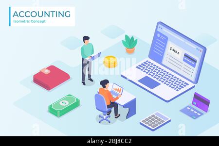 Concetto di contabile online isometrico. Donna contabile sta preparando UN rapporto fiscale e calcolando il pagamento assegno sulla base dei dati. Illustrazione vettoriale Foto Stock