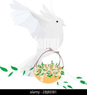 Una colomba bianca di Pasqua isolata al volo con cesto di fiori Illustrazione Vettoriale