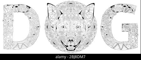 ZENTANGLE stilizzato word DOG con testa animale. Illustrazione vettoriale decorativa disegnata a mano per la colorazione Illustrazione Vettoriale