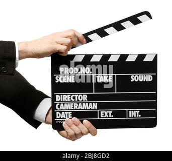 Mani maschili che tengono un clapperboard di film, su sfondo bianco Foto Stock