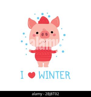 Piggy Vector Pink in abiti invernali. Illustrazione cartoni animati per le carte Illustrazione Vettoriale