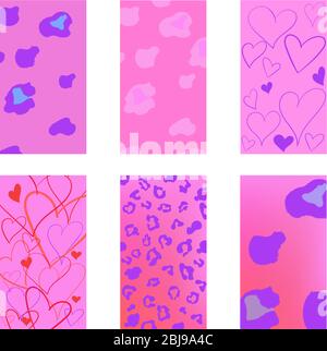 Modelli di storie sui social media con motivo Hearts e leopard. Tessuti dai colori vivaci al neon per il social network. Sfondo di arte moderna. Illustrazione Vettoriale