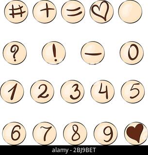 Set di dolci rotondi di cioccolato bianco con numeri e simboli. Caramelle isolate su bianco per il disegno di carte e inviti. Illustrazione vettoriale stock Illustrazione Vettoriale