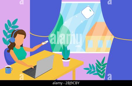 robot wash finestra piatta vettore illustrazione. ragazza con un computer portatile funziona e pulizia finestra Illustrazione Vettoriale