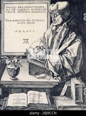 DESIDERIUS ERASMUS (1466-1536) filosofo olandese in un'incisione di Albrecht Dürer Foto Stock