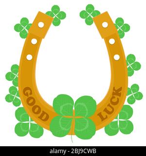 Simboli fortunati trifoglio a quattro foglie e ferro di cavallo. Buona fortuna illustrazione vettoriale isolato su bianco. shamrock con quattro foglie Illustrazione Vettoriale