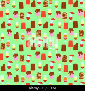 Modello senza cuciture verde menta con gelato e bevande fredde. Gelato e cocktail in stile piatto a vista vettoriale Illustrazione Vettoriale
