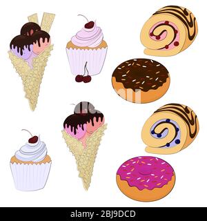 set di variopinti cibi dolci. Ciambella, gelato, torte e rotolo di cioccolato. Illustrazione vettoriale con contorno nero isolato su bianco. Illustrazione Vettoriale