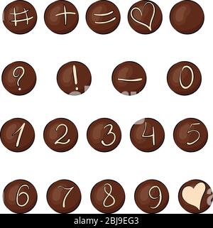 Set di dolci rotondi al cioccolato con numeri e simboli. Caramelle isolate su bianco per il disegno di carte e inviti. Illustrazione vettoriale stock Illustrazione Vettoriale