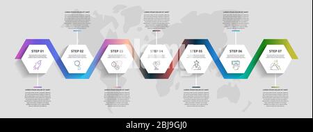 Infografica vettoriale aziendale. Linea temporale moderna con 7 esagoni. Utilizzato per il web design, marketing pubblicitario, layout del flusso di lavoro, report annuale, presentazione Illustrazione Vettoriale