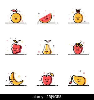 Frutti felici, è un insieme di icone con stile mbe Illustrazione Vettoriale
