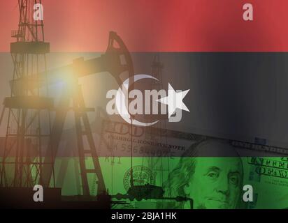 Petrolio greggio e petrolio concetto. Jack pompa, banconote in dollari americani e fondo bandiera Libia Foto Stock