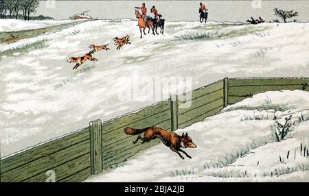 Fox Hunt & Pack of Hounds in Snowy Campagna Paesaggio in Inverno Francia. Illustrazione c1910 Foto Stock