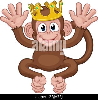 Scimmia King Crown Cartoon animale mascotte ondeggiante Illustrazione Vettoriale