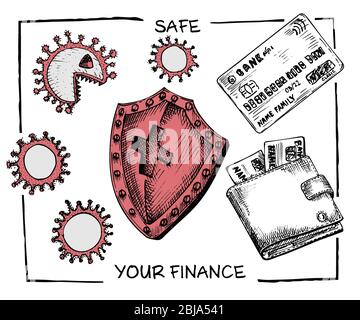 Poster contro l'epidemia di coronavirus con il testo sicuro la vostra finanza. Progettazione di progetti di informazione economica e finanziaria. Lo schermo protegge Illustrazione Vettoriale