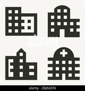 Quattro edifici icone minime: Uffici, appartamenti, città, ospedale. Illustrazione Vettoriale